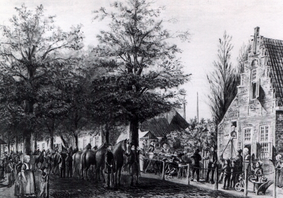 Paardenmarkt en kermis voor de NH kerk te Bunschoten Aquarel door HW Nieuwboer 1820 1907